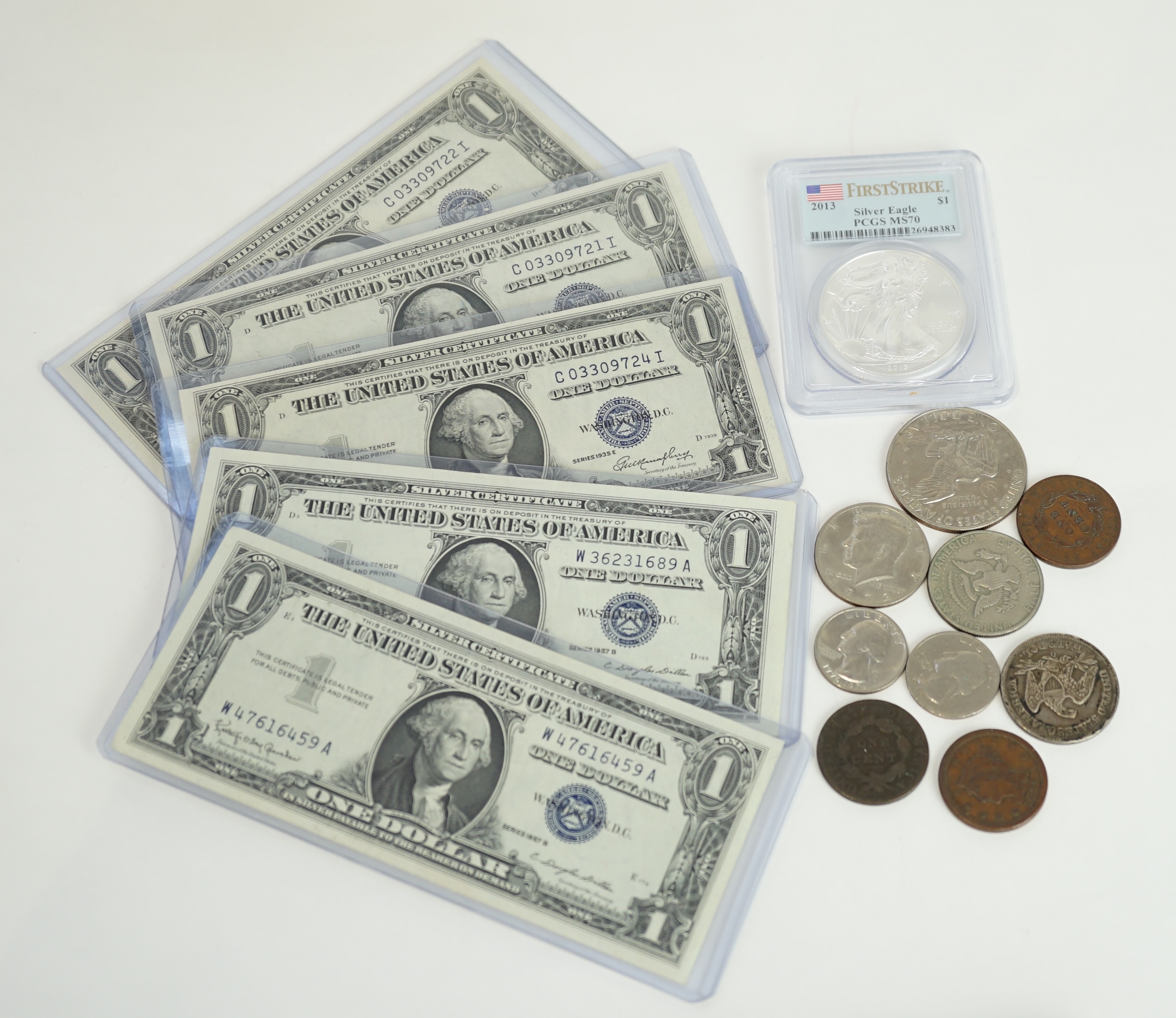 USA coins, to include silver eagle dollar 2013 in PCGS slab, 1858O half dollar, good VF, various dimes, half dimes, one cents together with five US silver certificate $1 notes banknotes (three series 1935E and two 1957B)